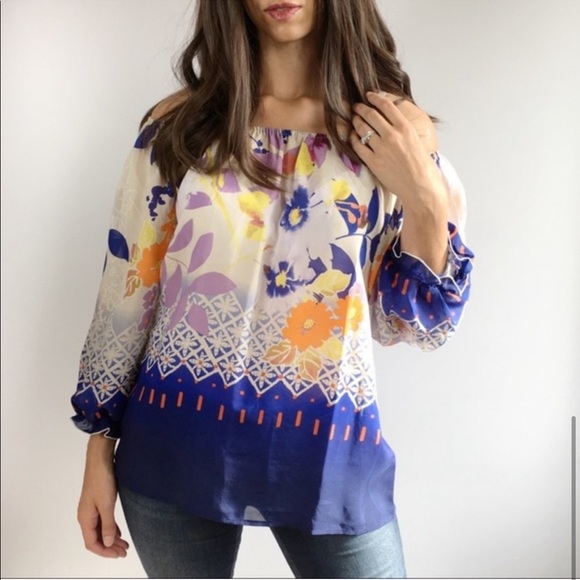 Anthropologie Tops - Fei Anthropologie Floral Foliage Off Shoulder Silk Top